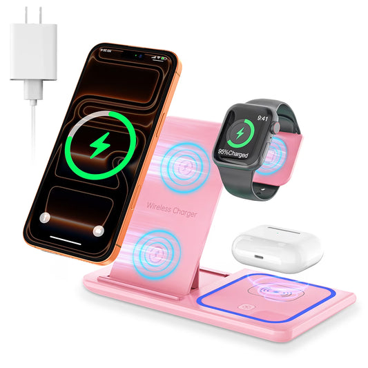 Wireless Charger, 18W 3 in 1 Wireless Charging Station for Iphone 17 16E 15 14 13 12 Pro, Fast Charger Stand for Iwatch SE 9-11 6-8 2-5, Airpods 4/3/2/Pro, Samsung Galaxy Seires (Pink)