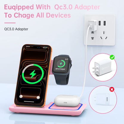 Wireless Charger, 18W 3 in 1 Wireless Charging Station for Iphone 17 16E 15 14 13 12 Pro, Fast Charger Stand for Iwatch SE 9-11 6-8 2-5, Airpods 4/3/2/Pro, Samsung Galaxy Seires (Pink)