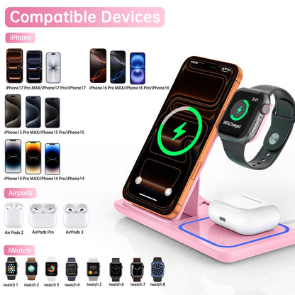 Wireless Charger, 18W 3 in 1 Wireless Charging Station for Iphone 17 16E 15 14 13 12 Pro, Fast Charger Stand for Iwatch SE 9-11 6-8 2-5, Airpods 4/3/2/Pro, Samsung Galaxy Seires (Pink)