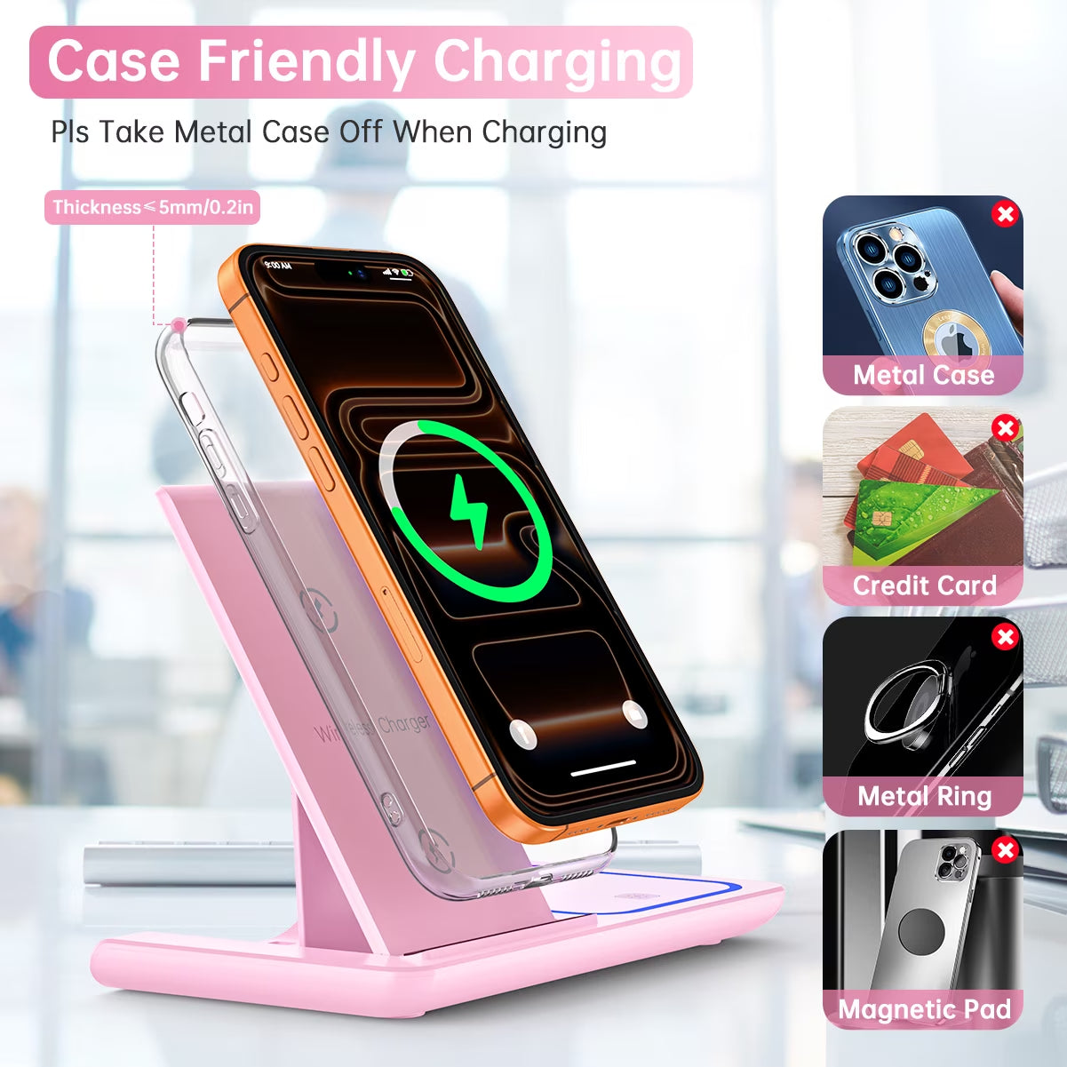 Wireless Charger, 18W 3 in 1 Wireless Charging Station for Iphone 17 16E 15 14 13 12 Pro, Fast Charger Stand for Iwatch SE 9-11 6-8 2-5, Airpods 4/3/2/Pro, Samsung Galaxy Seires (Pink)