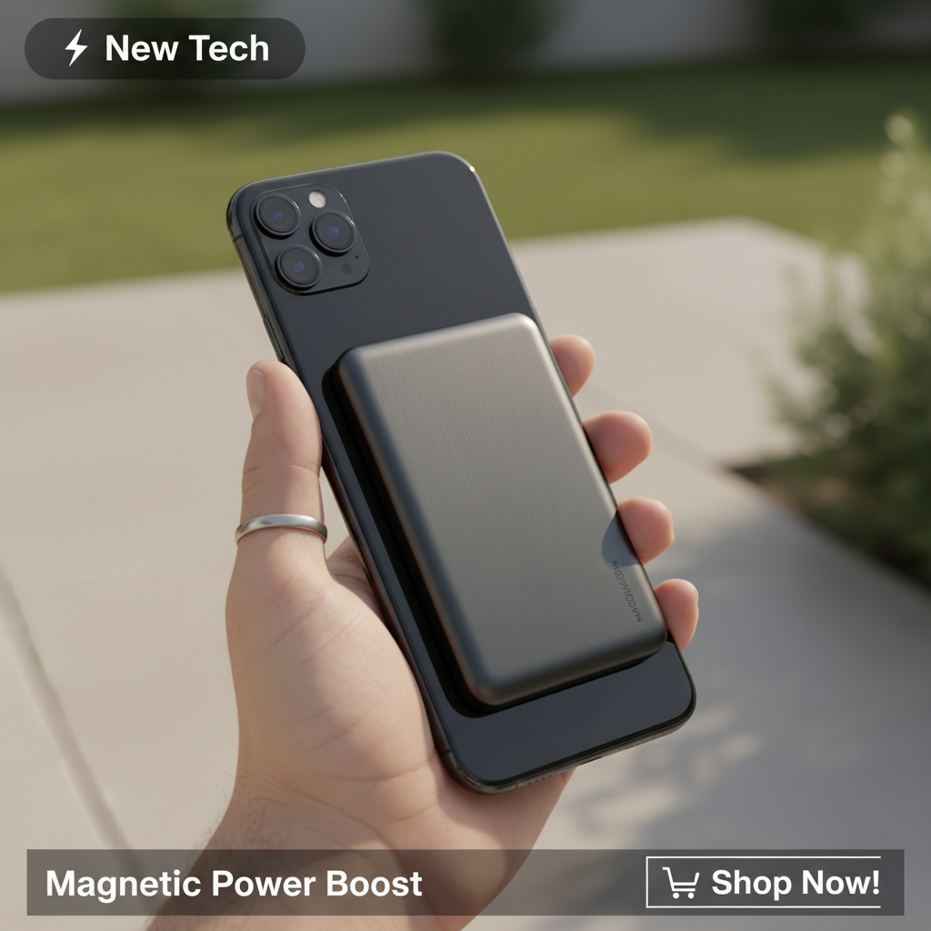 Mini Magnetic Wireless Power Bank snapped onto a smartphone outdoors
