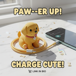 Cute dog phone charger cable on marble surface next to a smartphone